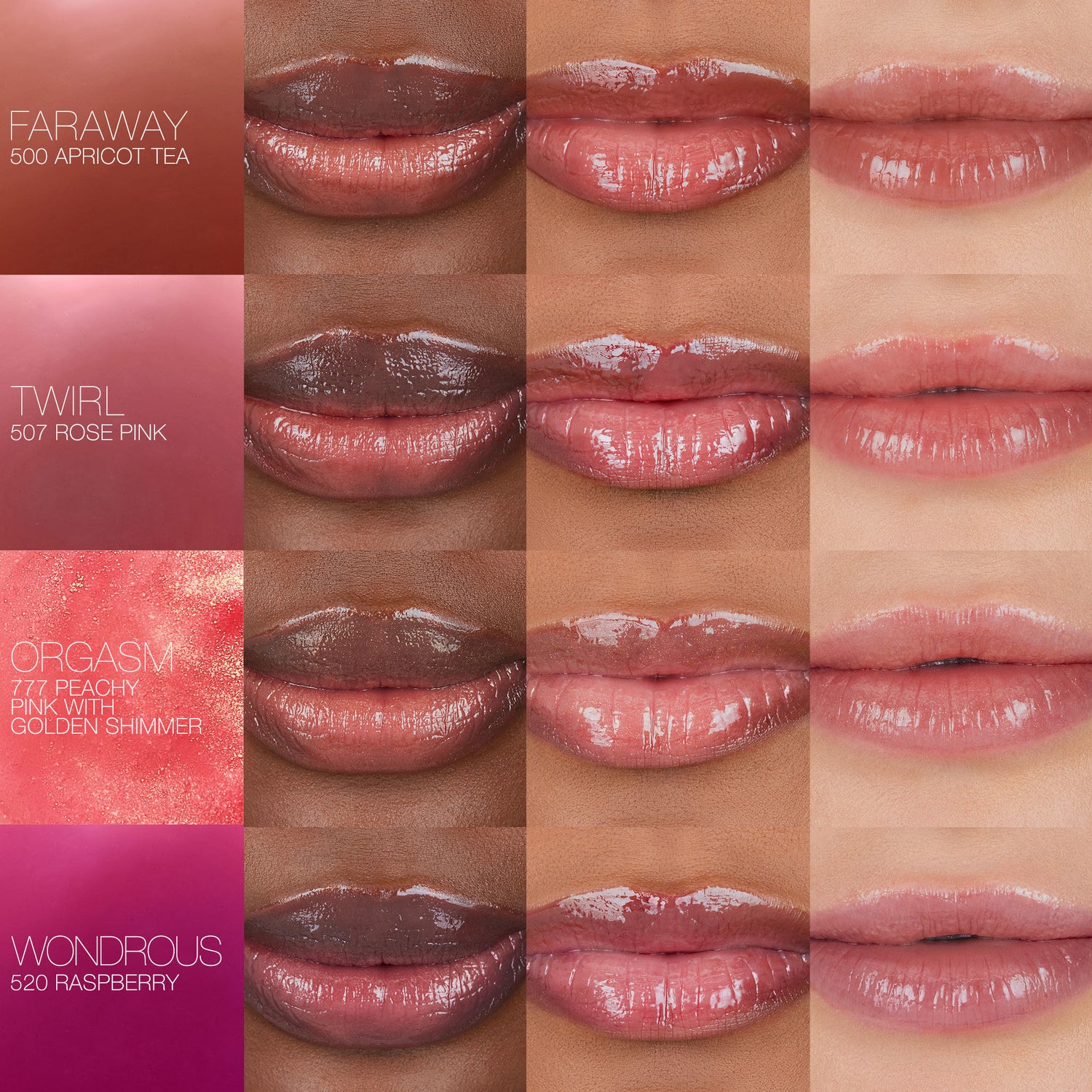 A shade comparison of Nars Afterglow Lip Oil variant: Orgasm