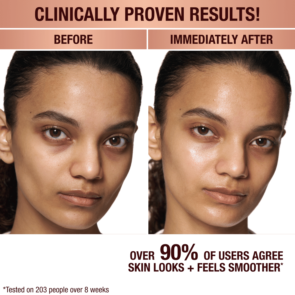 Before and after results of using Charlotte Tilbury Invisible UV Flawless Poreless Primer SPF 50 variant: 1 oz