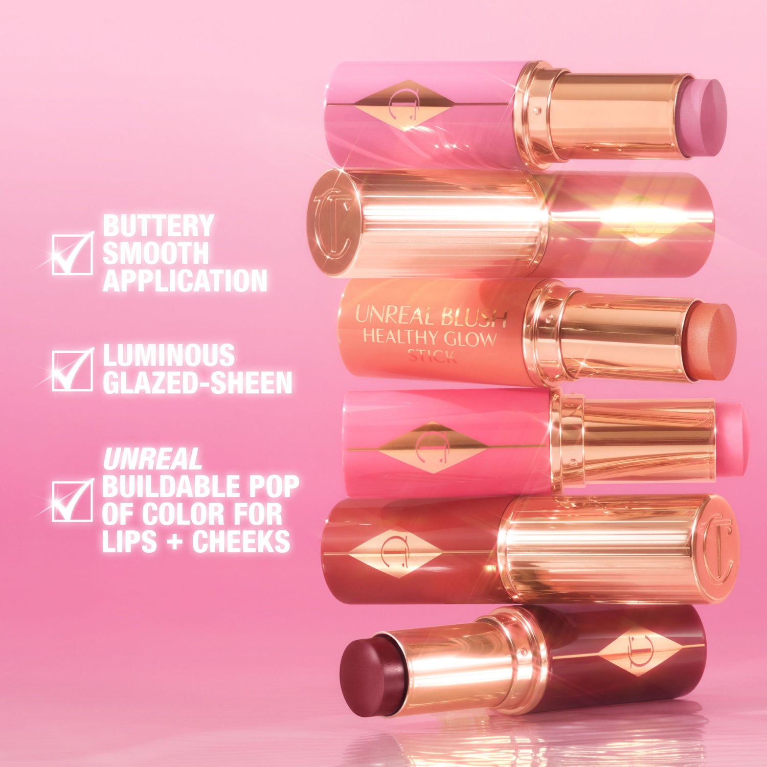 Image of product in the same collection as Charlotte Tilbury Unreal Lip + Cheek Glow Blush Stick with Hyaluronic Acid