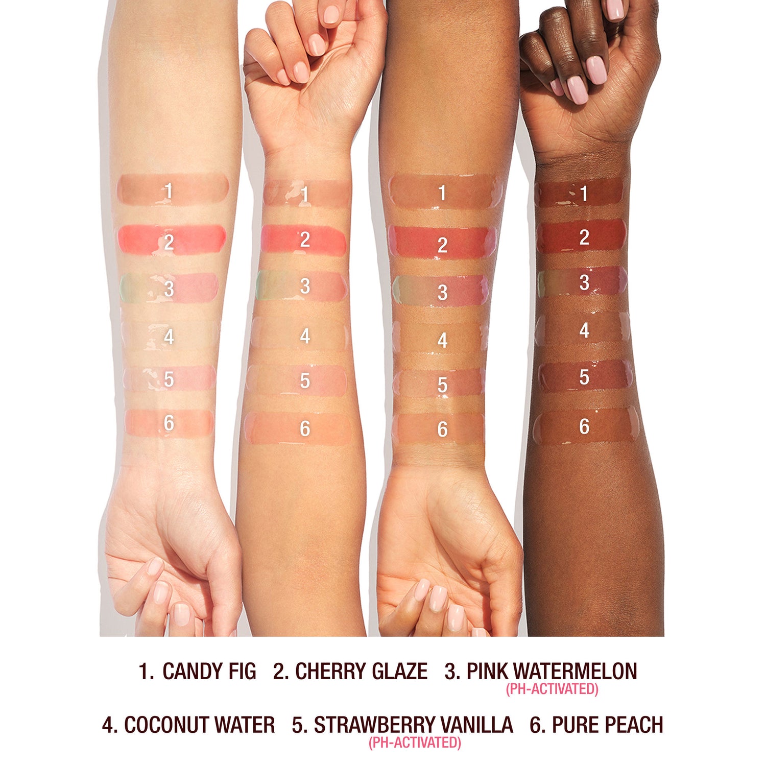 An arm swatch of Charlotte Tilbury Unreal Lips Healthy Glow Nectar Oil variant: Cherry Glaze