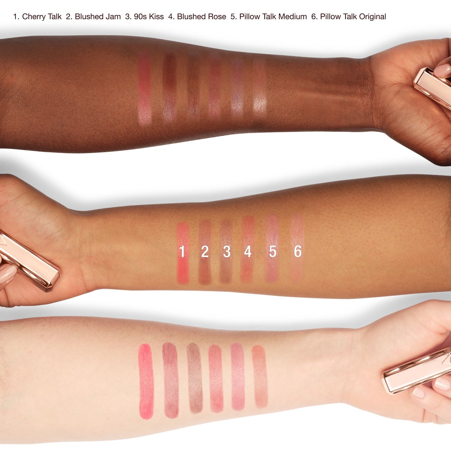 An arm swatch of Charlotte Tilbury Pillow Talk Long Lasting Blush Balm Sheer Lip Tint