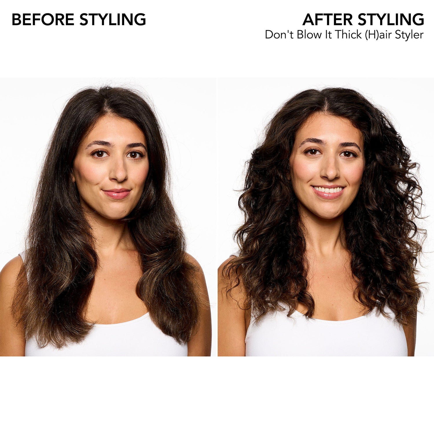 Before and after results of using Bumble and Bumble Don't Blow It Thick