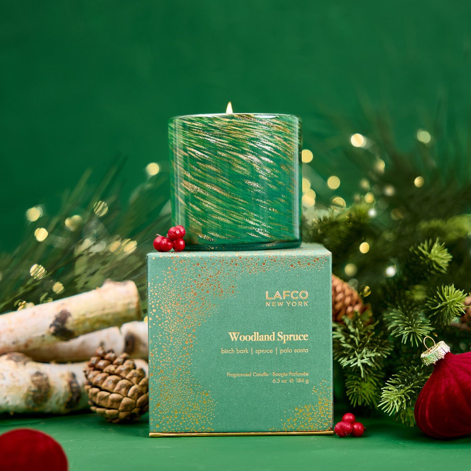 Lifestyle image of Lafco Woodland Spruce Candle (Limited Edition) variant: 6.5 oz (Classic)