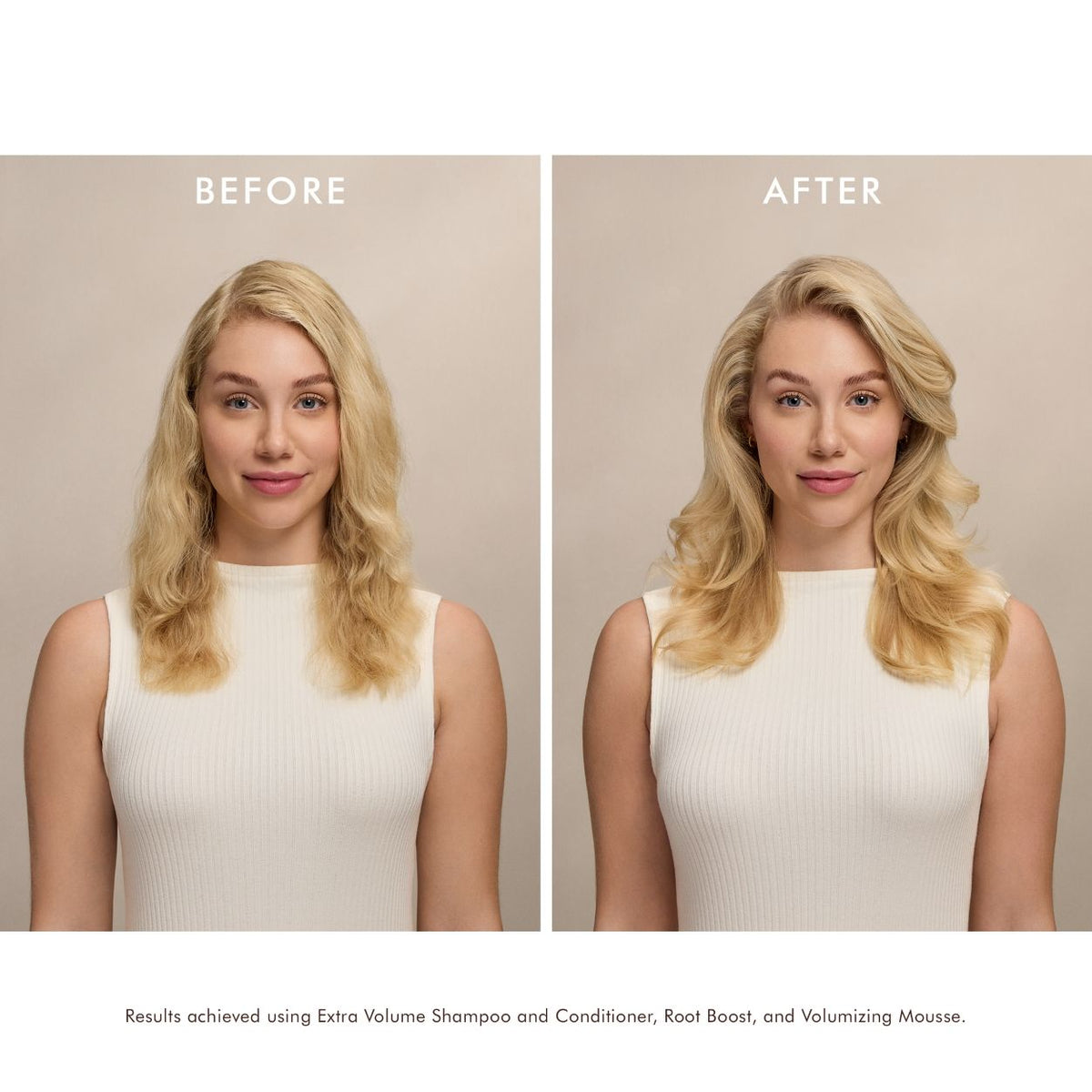 A before-and-after comparison of a woman’s wavy hair using Moroccanoil Extra Volume Conditioner, showing less volume on the left and fuller, plumper hair on the right.