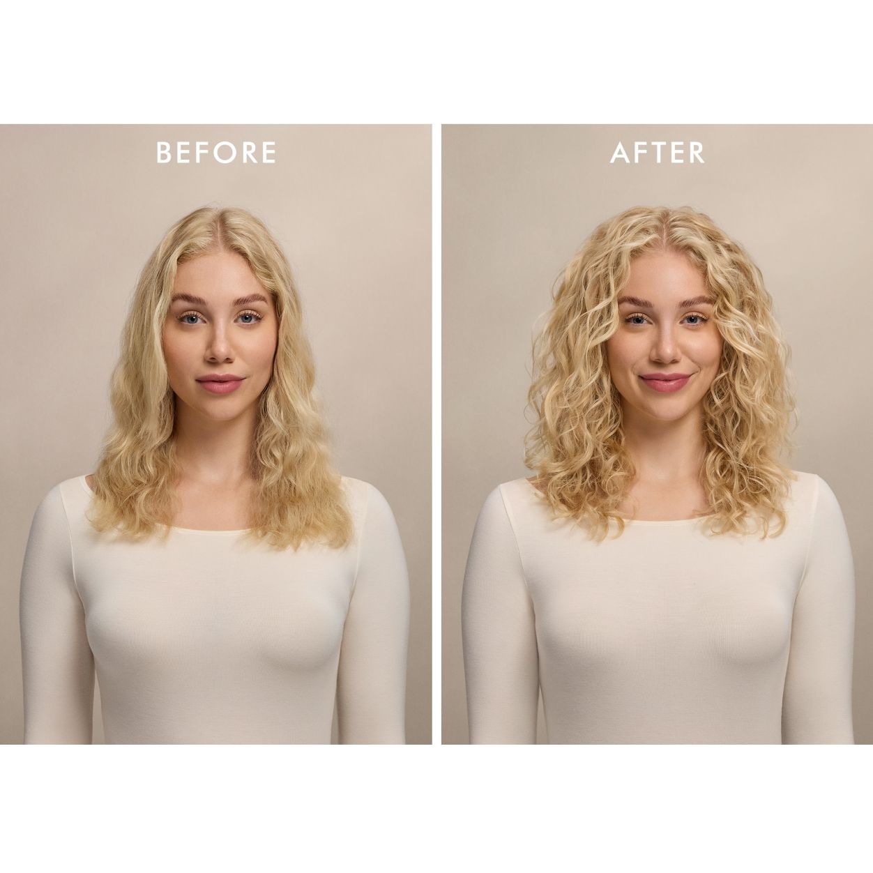 Before and after results of using Moroccanoil Curl Control Mousse