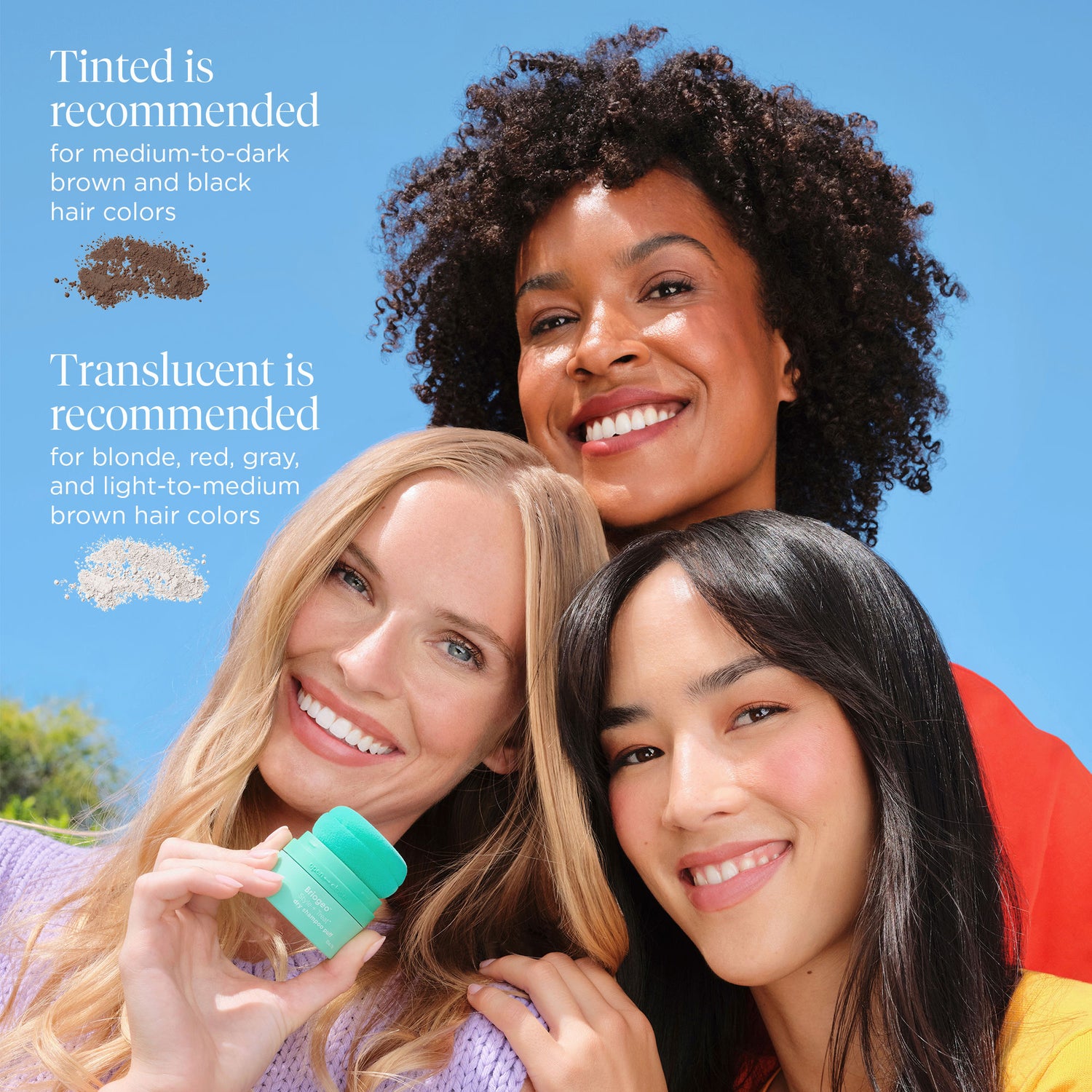 A shade comparison of Briogeo Style + Treat Dry Shampoo Puff variant: Tinted