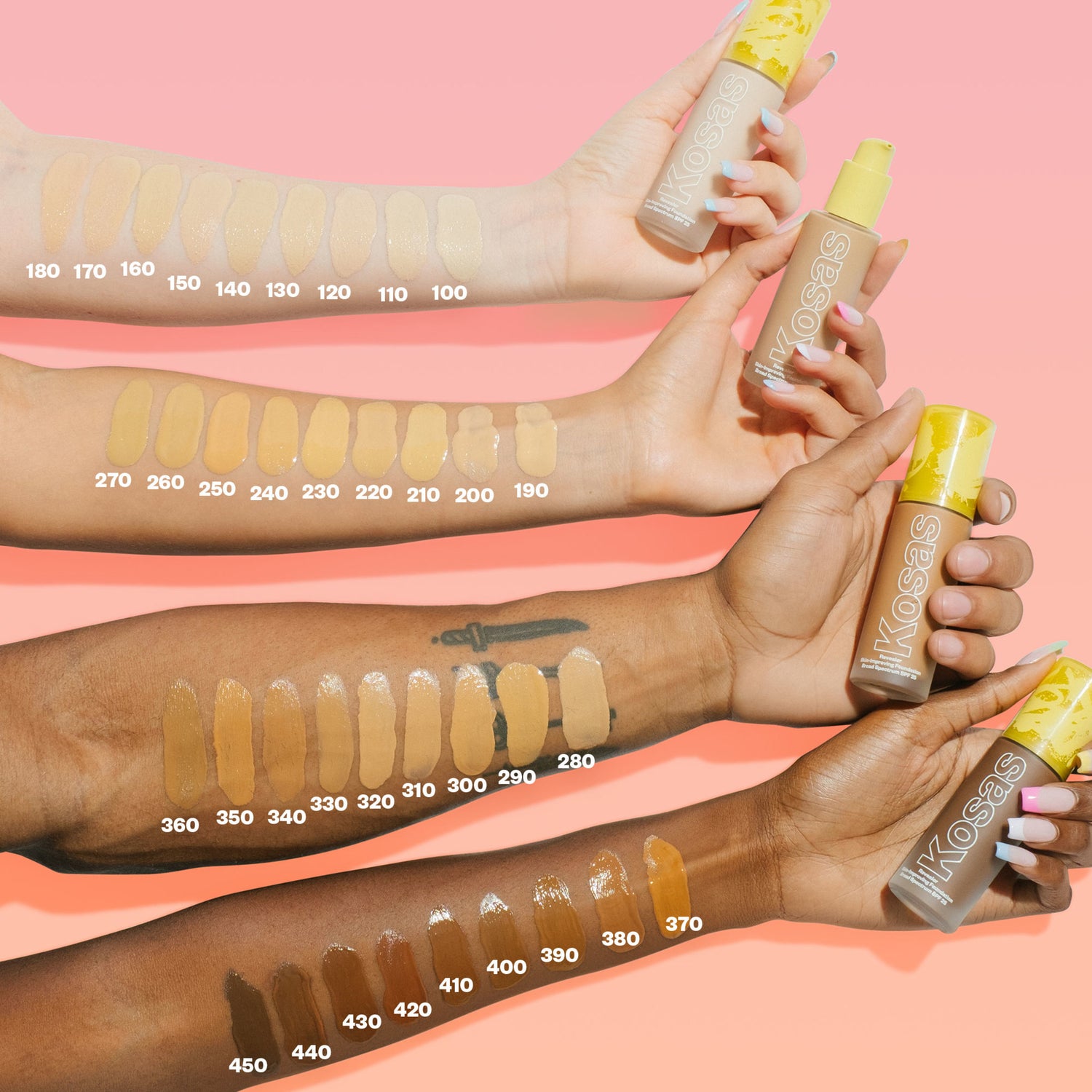 Kosas Revealer Skin Improving Foundation SPF 25 group swatch image . This product is for medium neutral olive complexions