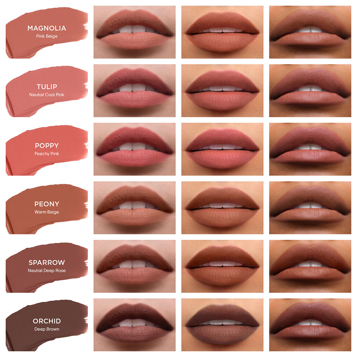 A shade comparison of Hourglass Unlocked Soft Matte Lipstick