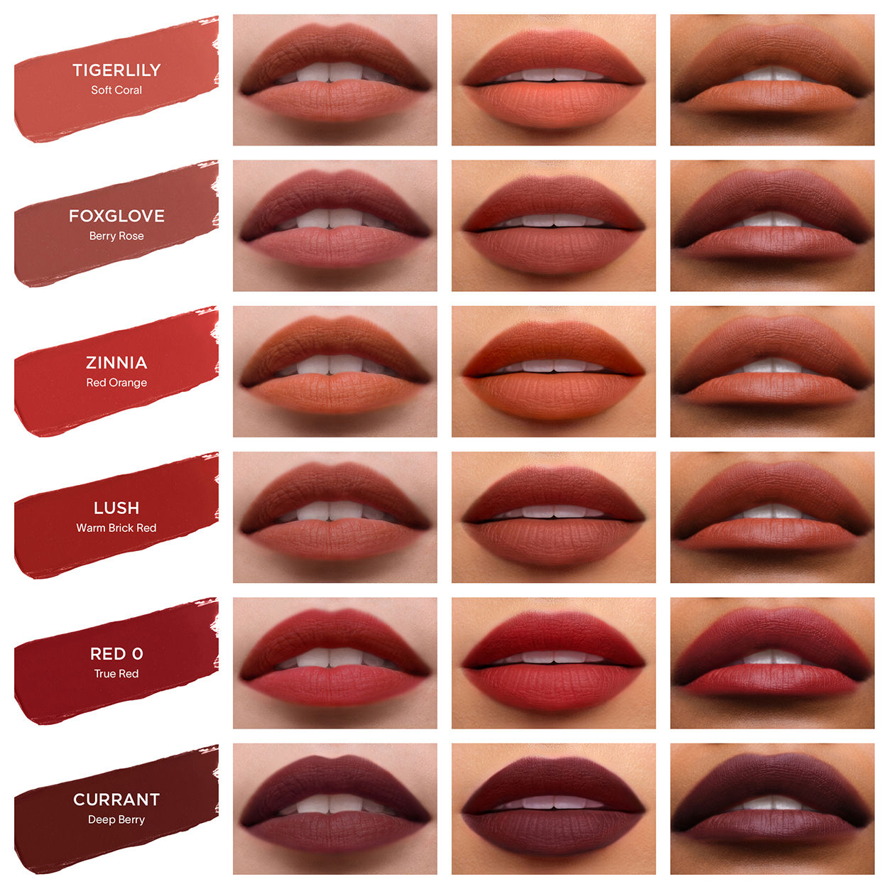 A shade comparison of Hourglass Unlocked Soft Matte Lipstick