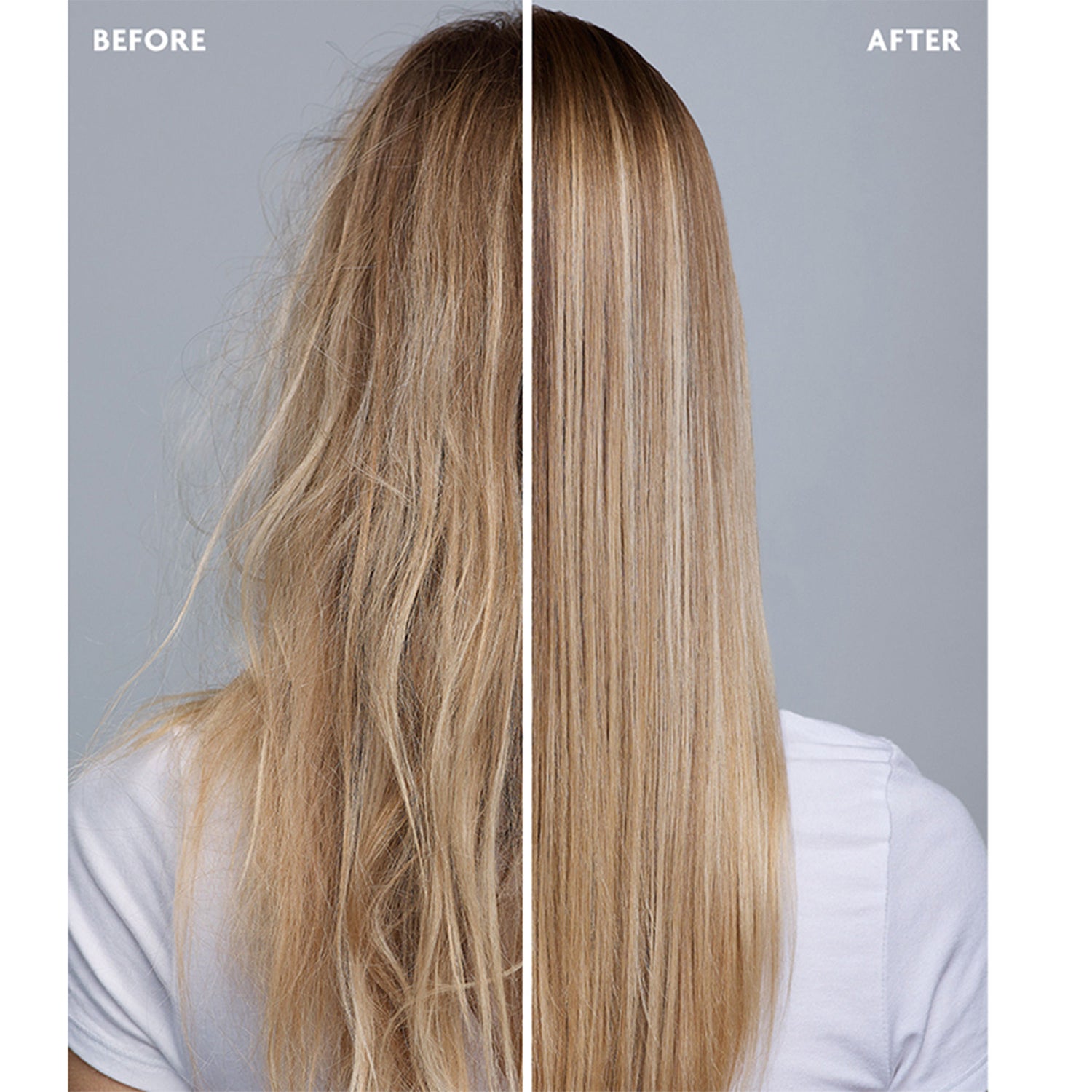 Before and after results of using R+Co Candy Stripe Protect + Prep Detangling Spray