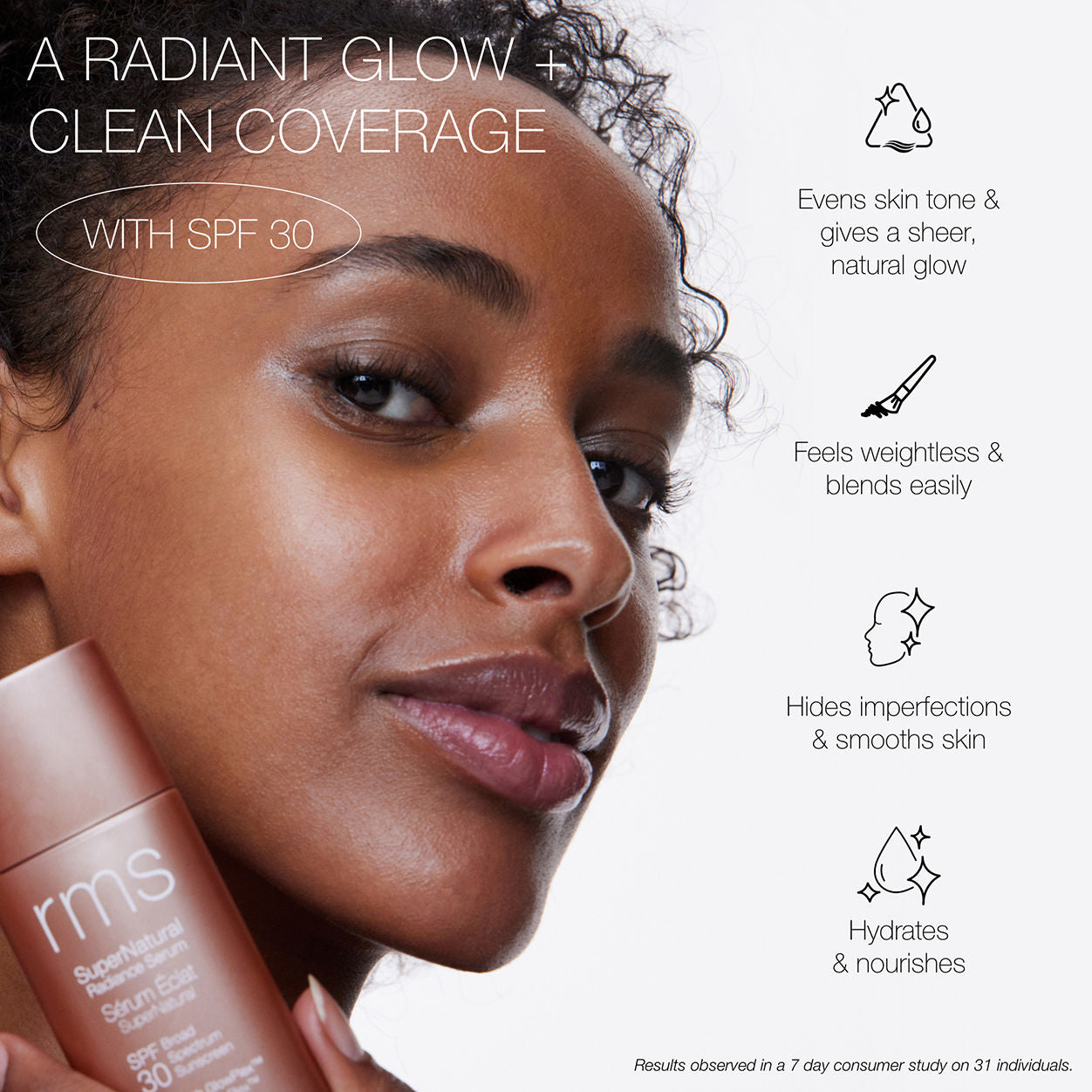 Model image of RMS Beauty SuperNatural Radiance Serum Broad Spectrum SPF 30 variant: Light Aura