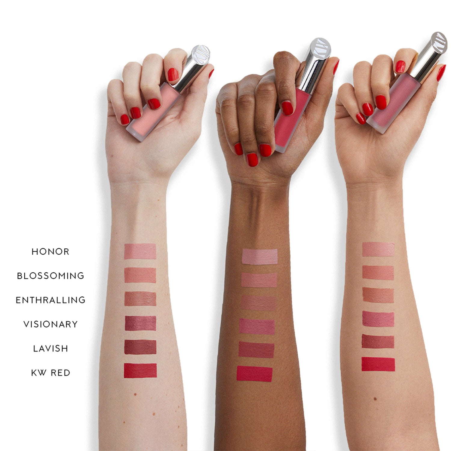 An arm swatch of Kjaer Weis Matte, Naturally Liquid Lipstick variant: KW Red