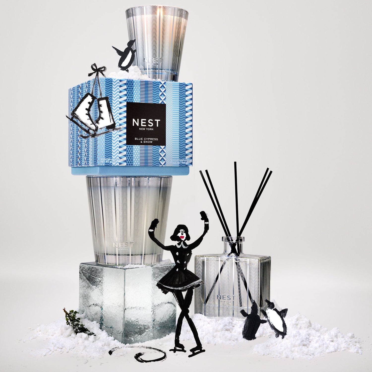 Lifestyle image of Nest Blue Cypress & Snow Classic Candle (Limited Edition) variant: 8.1 oz (Classic)
