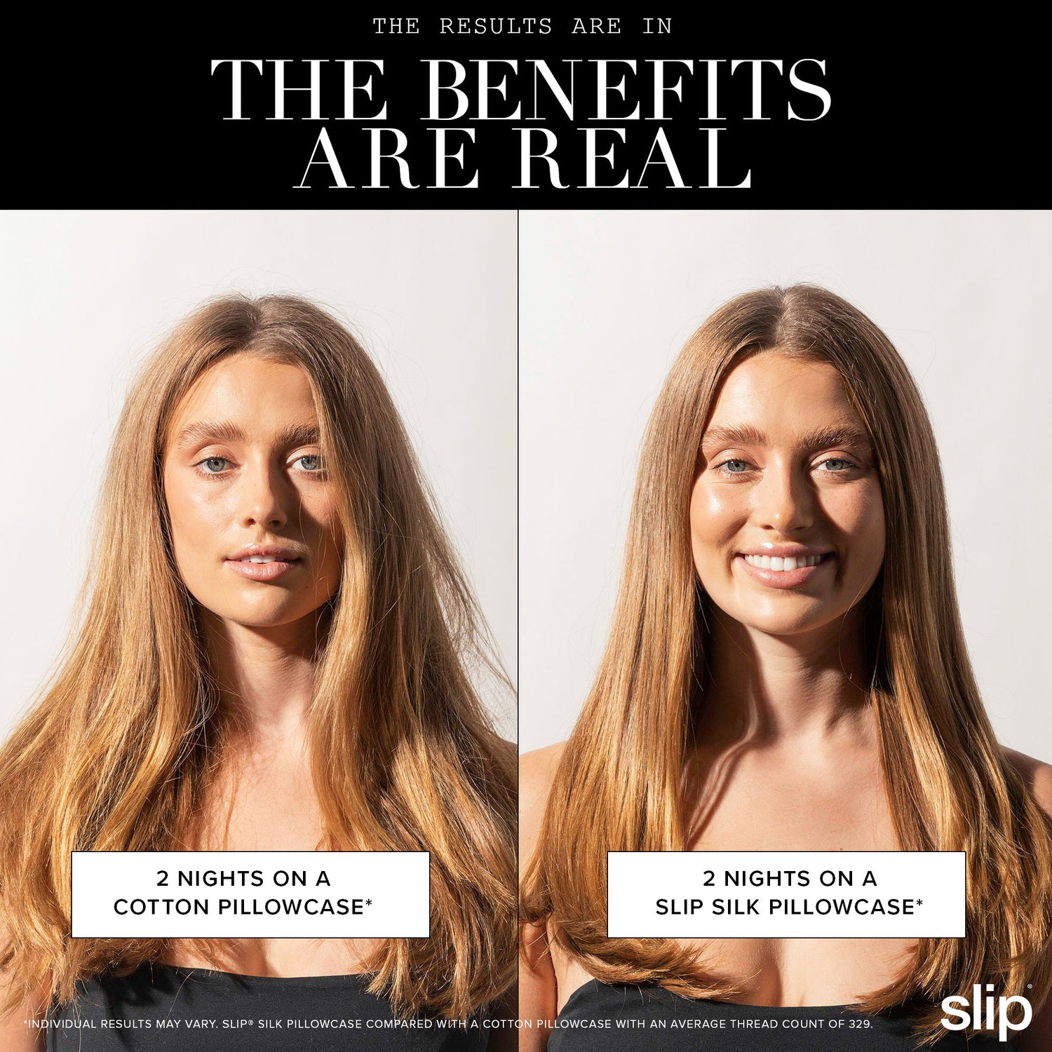 Before and after results of using Slip Pure Silk Queen Pillowcase variant: Caramel