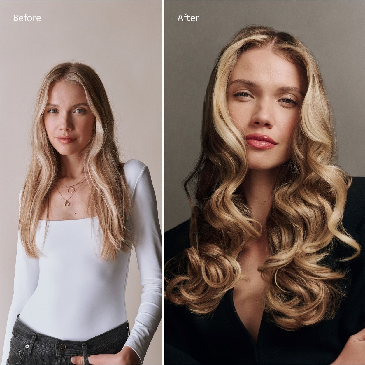 Before and after results of using T3 Aire 360 Ceramic Air Styler Blowout Kit variant: Satin Blush