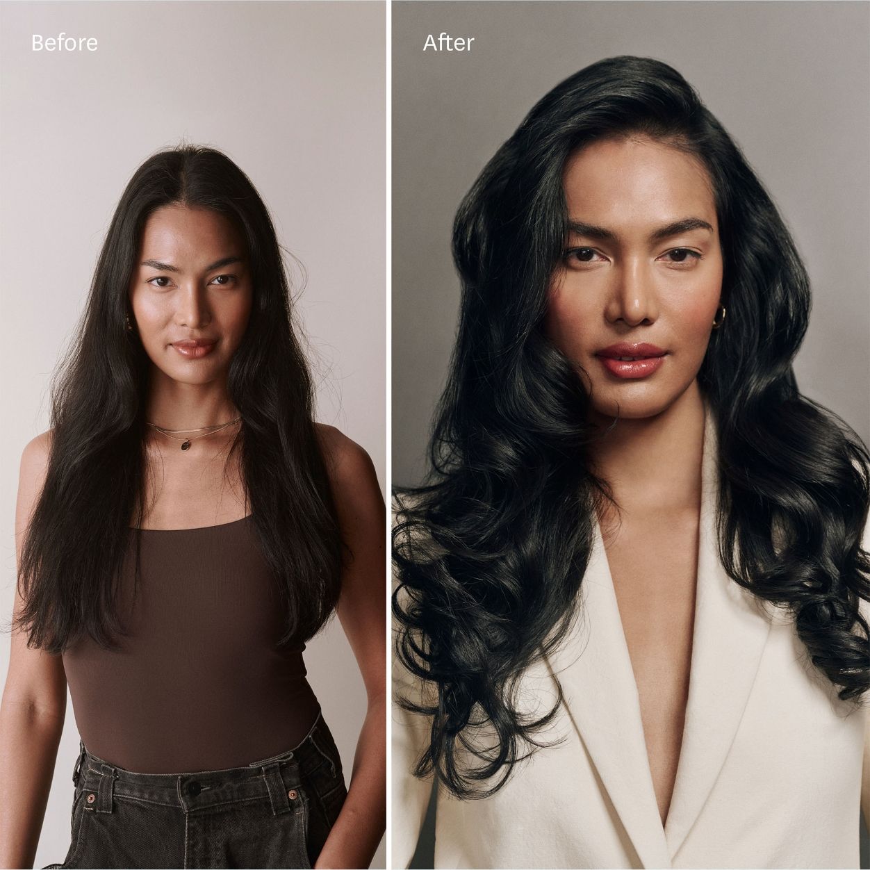 Before and after results of using T3 Aire 360 Ceramic Air Styler Blowout Kit variant: Satin Blush