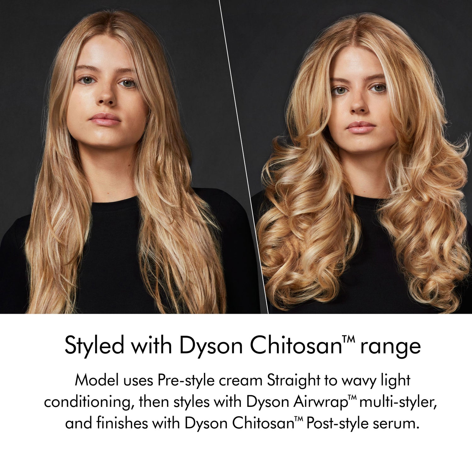 Before and after results of using Dyson Chitosan Pre-Style Cream Straight to Wavy Light Conditioning variant: 3.38 fl oz