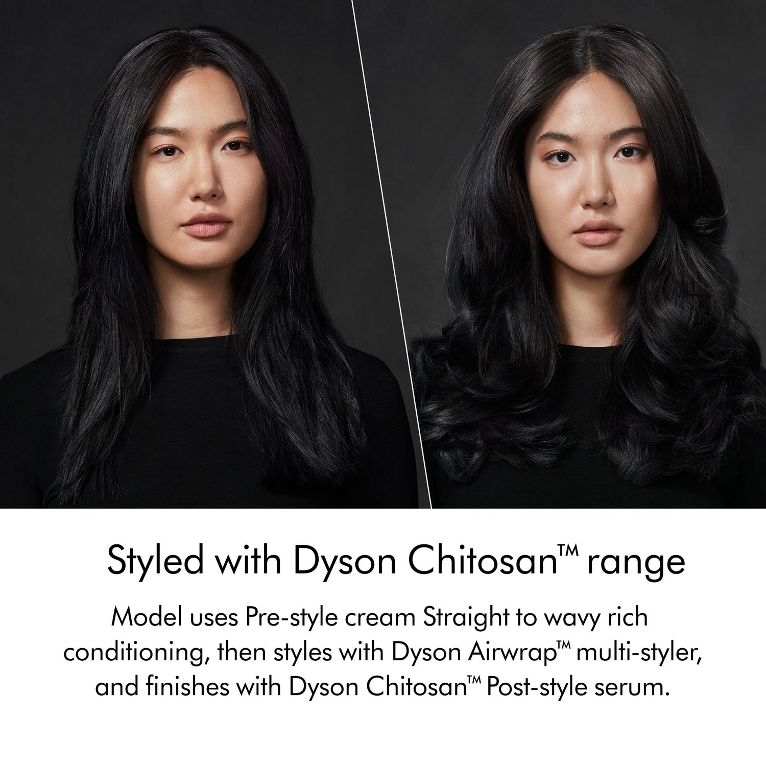 Before and after results of using Dyson Chitosan Pre-Style Cream Straight to Wavy Rich Conditioning variant: 3.38 fl oz