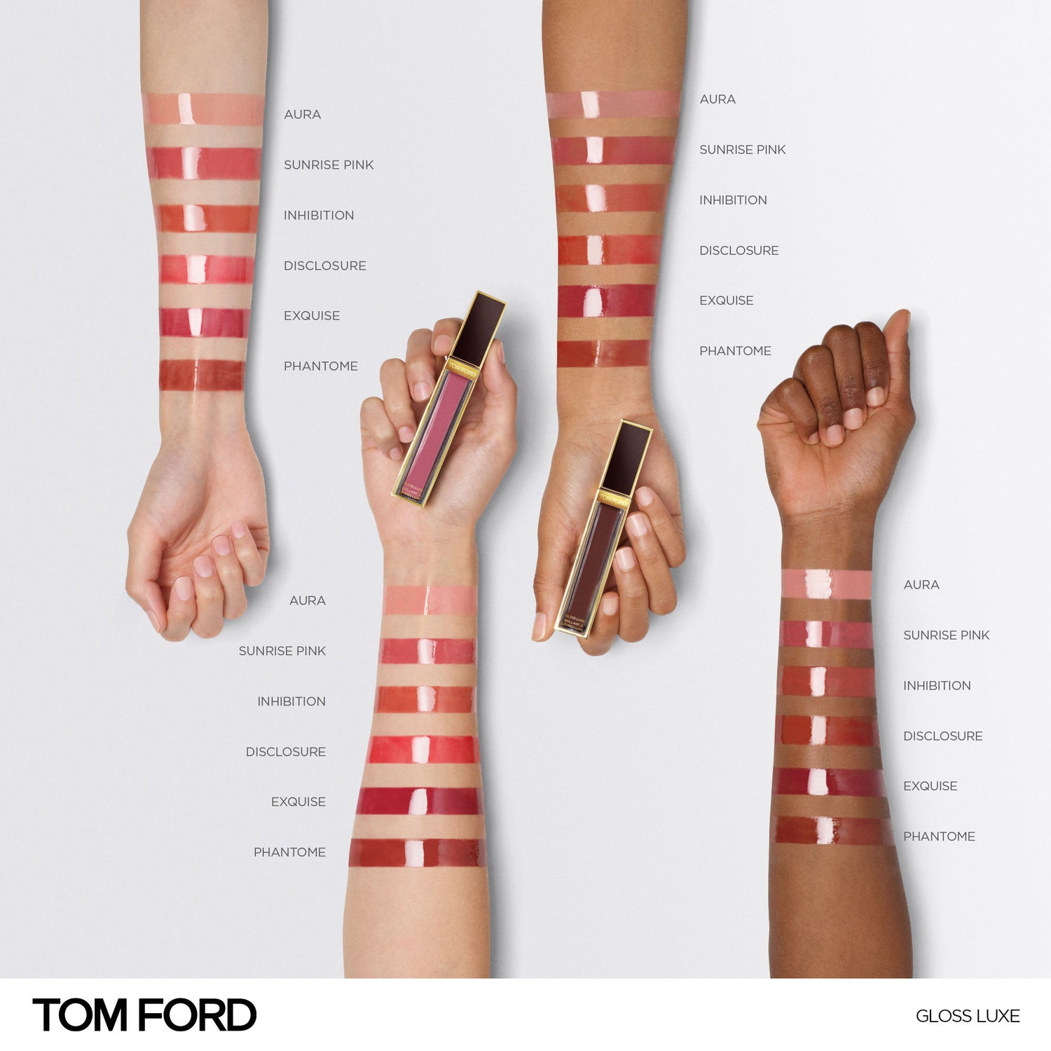Group swatch image of Tom Ford Gloss Luxe Lip with Hydrating Jojoba Oil