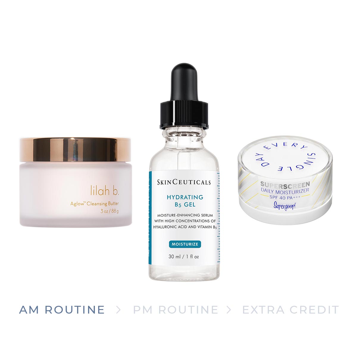 The products for the AM part of the dry skin skincare routine