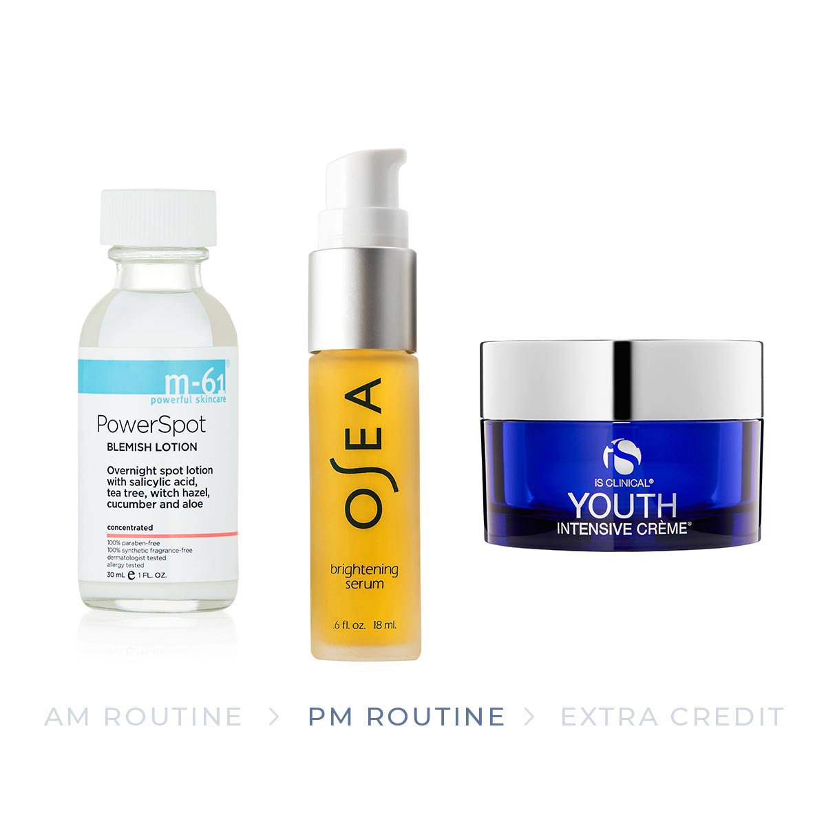 The products for the PM part of the oily skin skincare routine