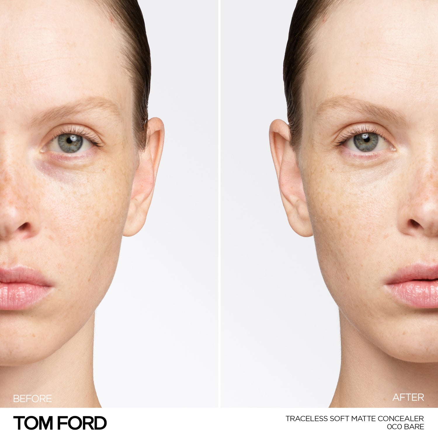 Tom Ford Traceless Soft Matte Concealer Color/Shade variant: 0C0 Bare before and after image . This product is in the color nude, for light cool complexions