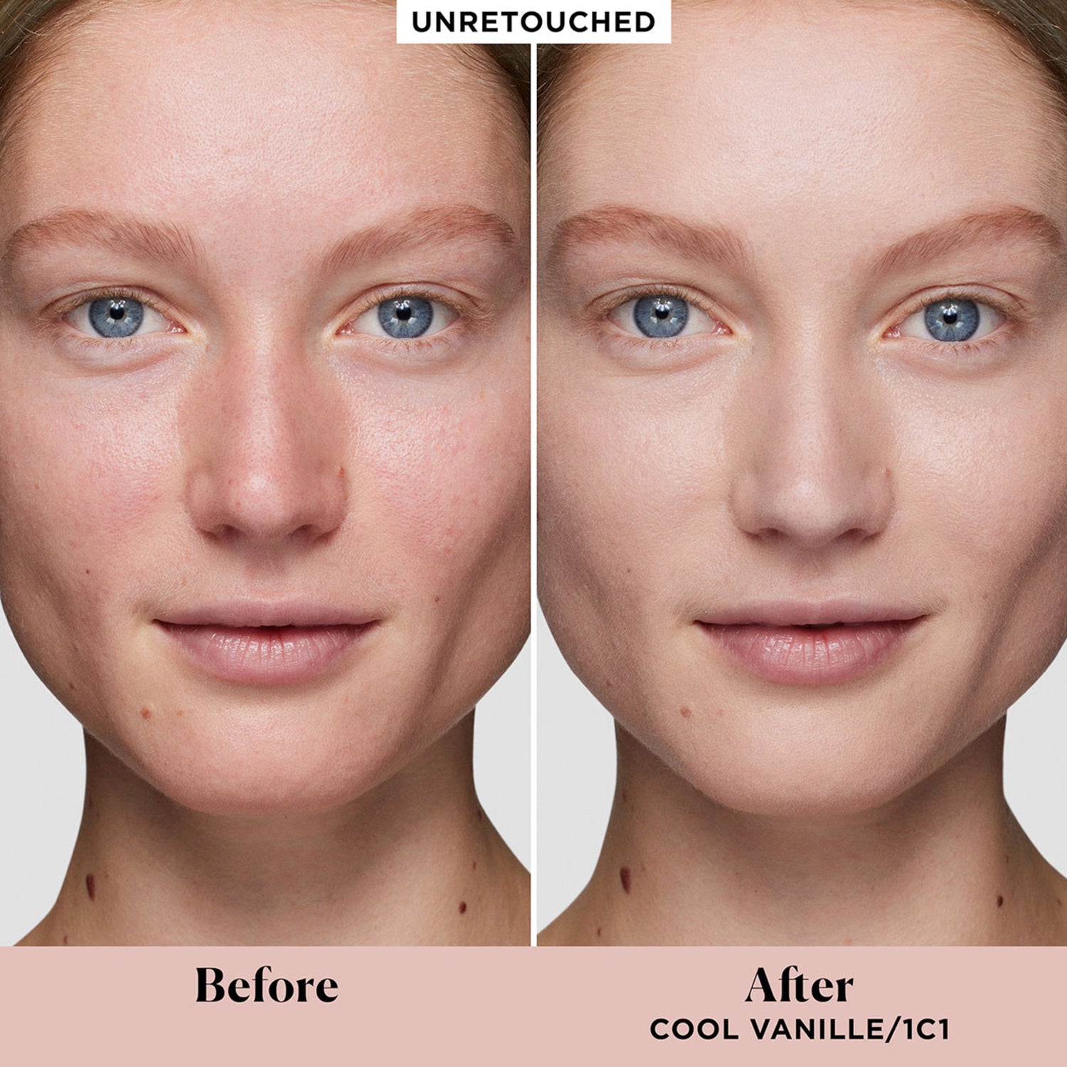 Laura Mercier Real Flawless Weightless Perfecting Foundation Color/Shade variant: 1C1 Cool Vanille before and after image . This product is for light cool complexions