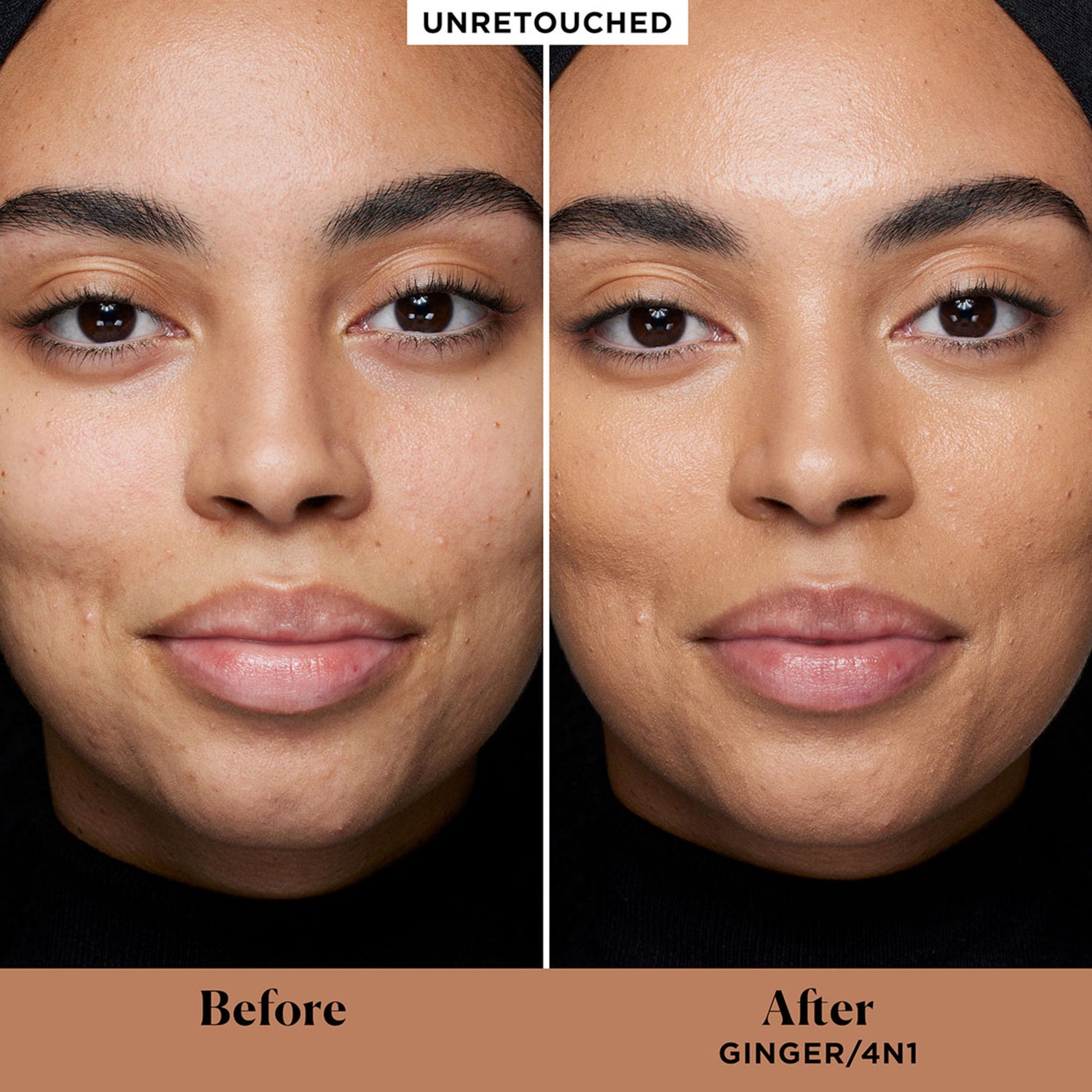 Laura Mercier Real Flawless Weightless Perfecting Foundation Color/Shade variant: 4N1 Ginger before and after image . This product is for medium neutral complexions