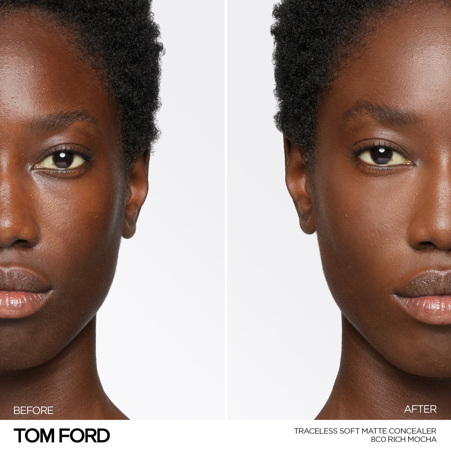 Tom Ford Traceless Soft Matte Concealer Color/Shade variant: 8C0 Rich Mocha before and after image . This product is in the color nude, for deep cool complexions