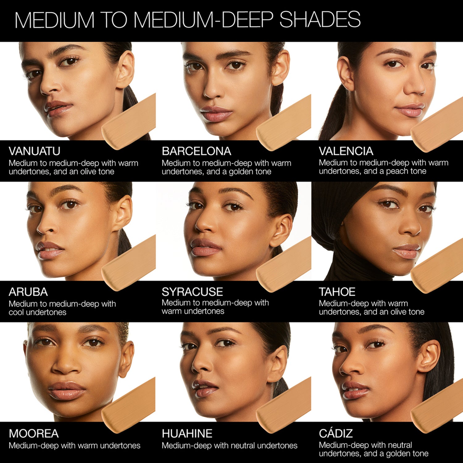 Nars Soft Matte Complete Foundation Color/Shade variant: Barcelona shade comparison image . This product is for medium warm complexions