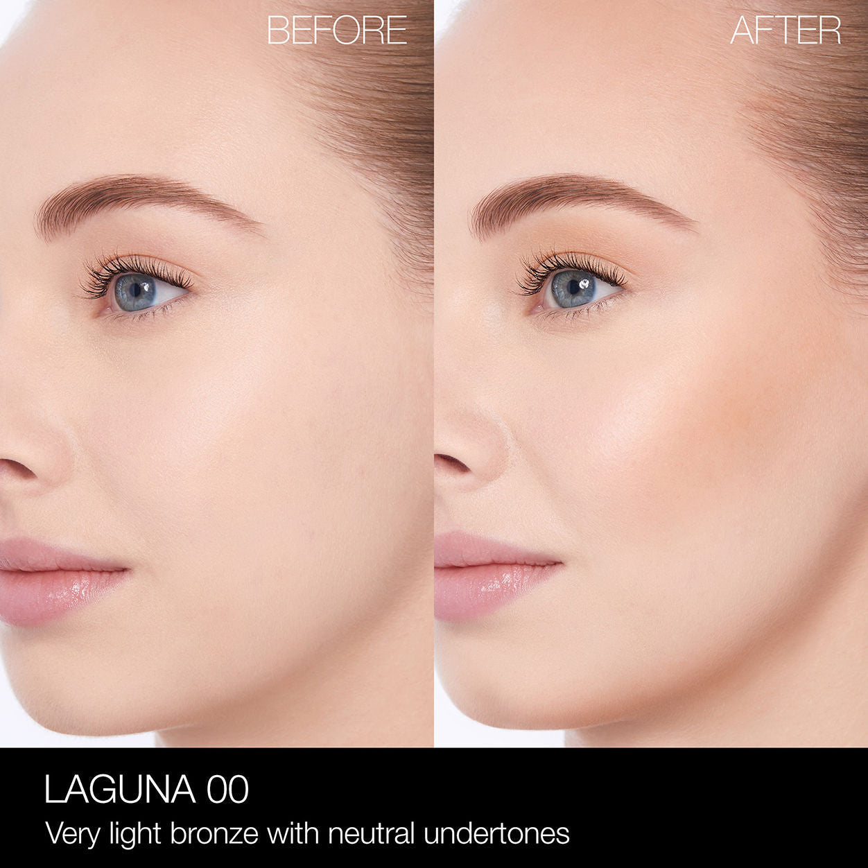 Before and after results of using Nars Laguna Bronzing Powder variant: 00