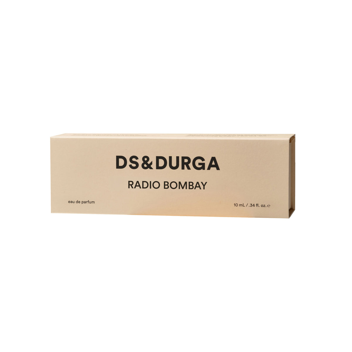 Beige rectangular perfume box for Radio Bombay Eau de Parfum by D.S. & Durga, with black text reading D.S. & DURGA, 10 mL / .34 fl. oz. e.
