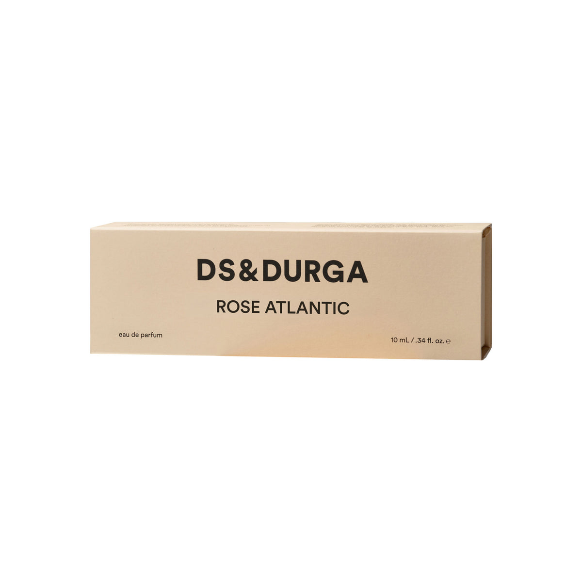 Tan rectangular perfume box for the Rose Atlantic Eau de Parfum by D.S. & Durga, with black text reading 10 mL / .34 fl. oz. e.