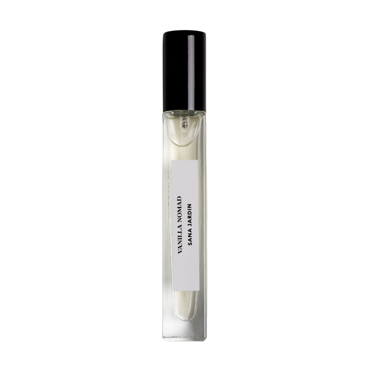 A tall, slender glass rollerball bottle of Vanilla Nomad Eau de Parfum with a black cap and a white label.