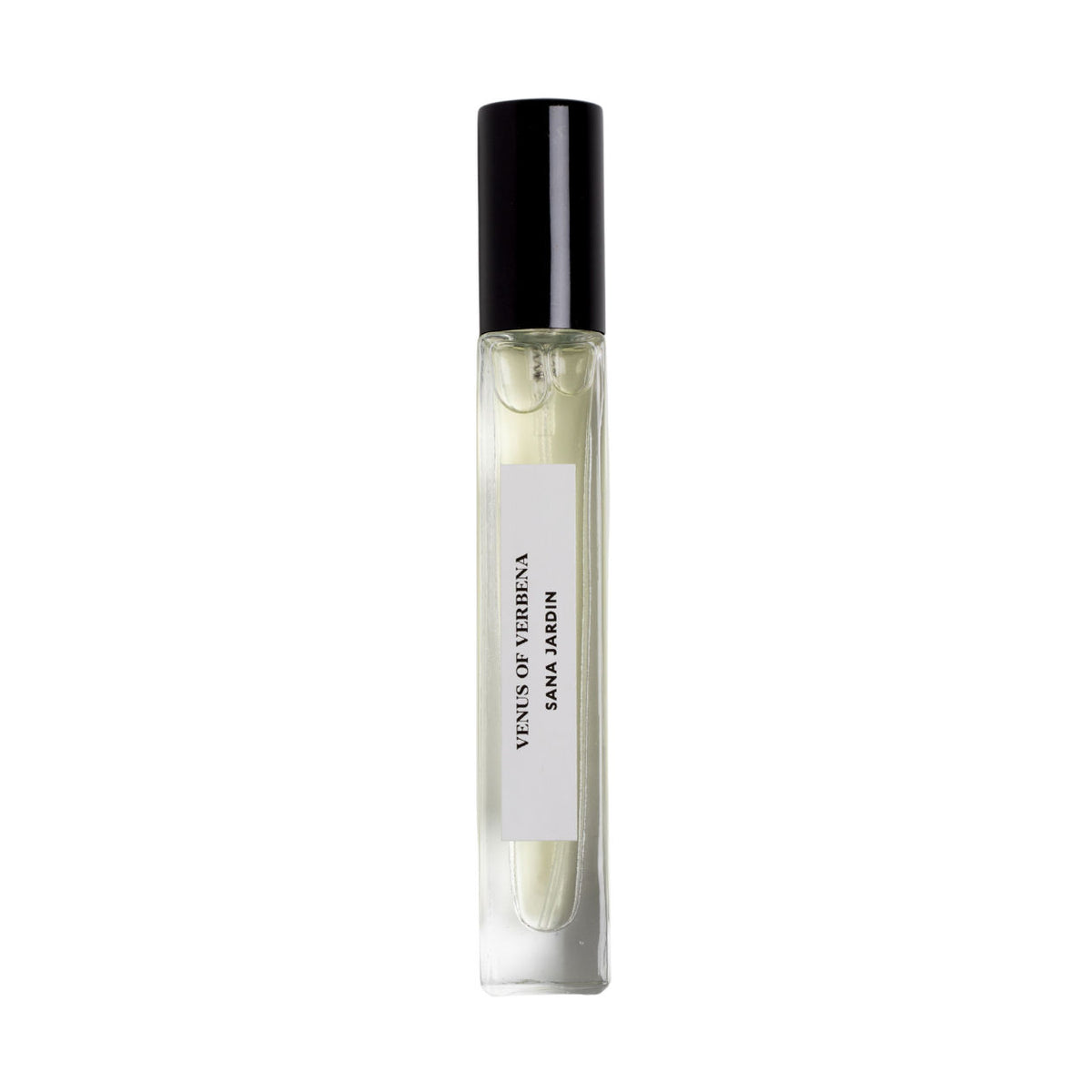 A tall, slender glass rollerball bottle of Venus Of Verbena Eau de Parfum with a black cap and a white label.