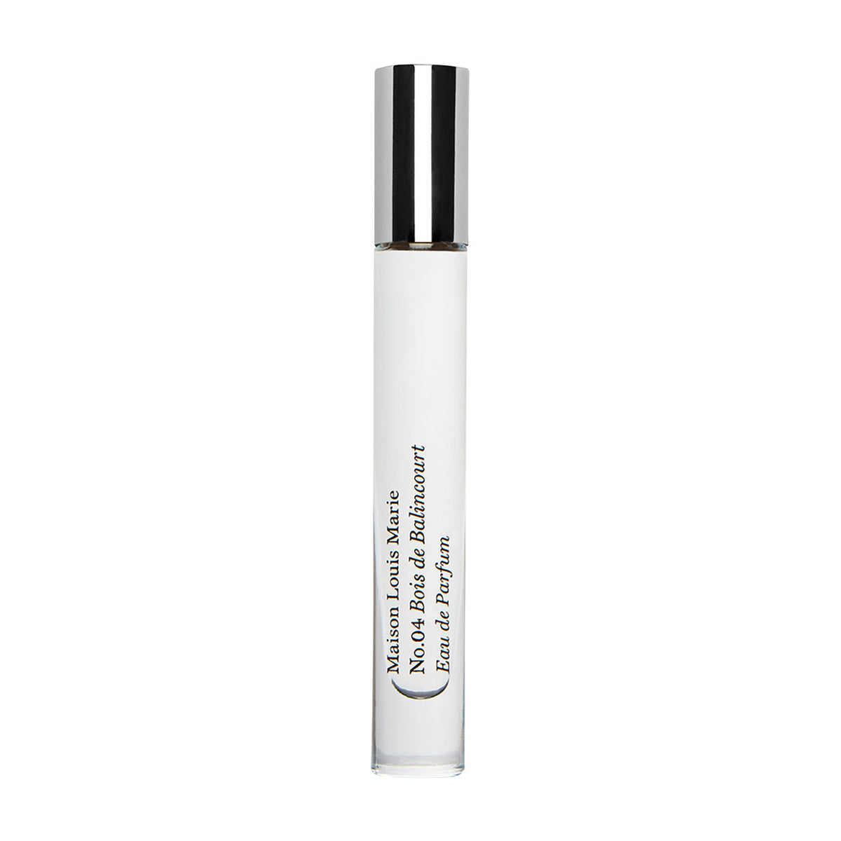 Maison Louis Marie No.04 Bois de Balincourt Eau de Parfum in a clear glass rollerball bottle with a silver cap and black text, evoking the fresh scent of forests after rain.