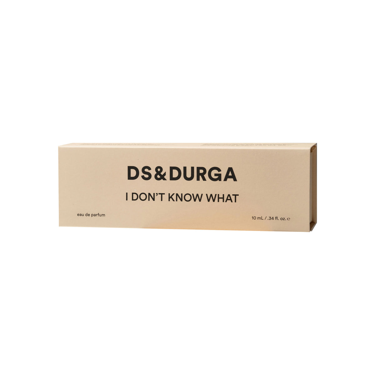 Rectangular beige box for a 10 mL D.S. & Durga I Don’t Know What Eau de Parfum fragrance enhancer.