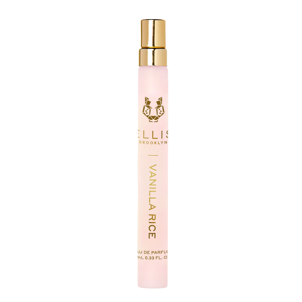 A milky sweet cylindrical Vanilla Rice Eau de Parfum travel spray with a light pink bottle, gold cap, and black text.