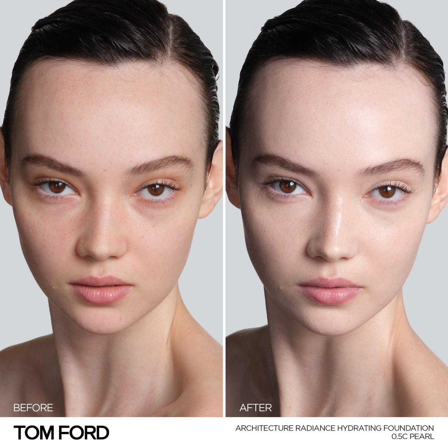 Before and after results of using Tom Ford Architecture Radiance Hydrating Foundation Broad Spectrum SPF 50 variant: 0.5C Pearl