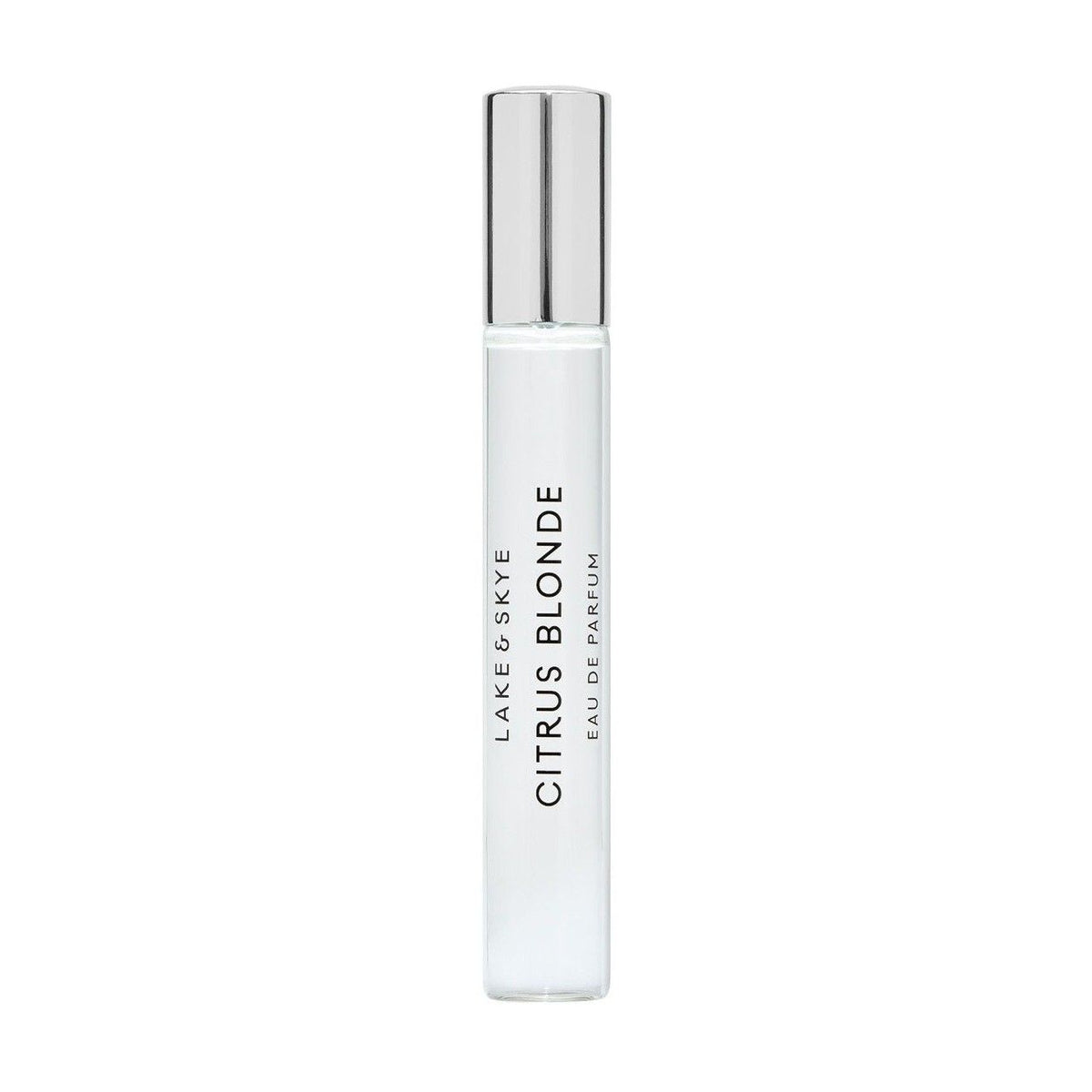 A tall, cylindrical Lake & Skye Citrus Blonde Eau de Parfum rollerball with a silver cap and a label featuring notes of pink pepper and peach blossom.