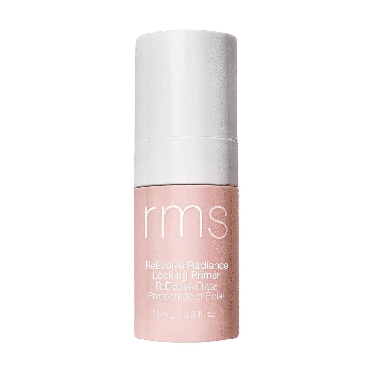 A cylindrical, refillable RMS Beauty ReEvolve Radiance Locking Primer bottle with a light pink base and a white cap, featuring text printed on the front.