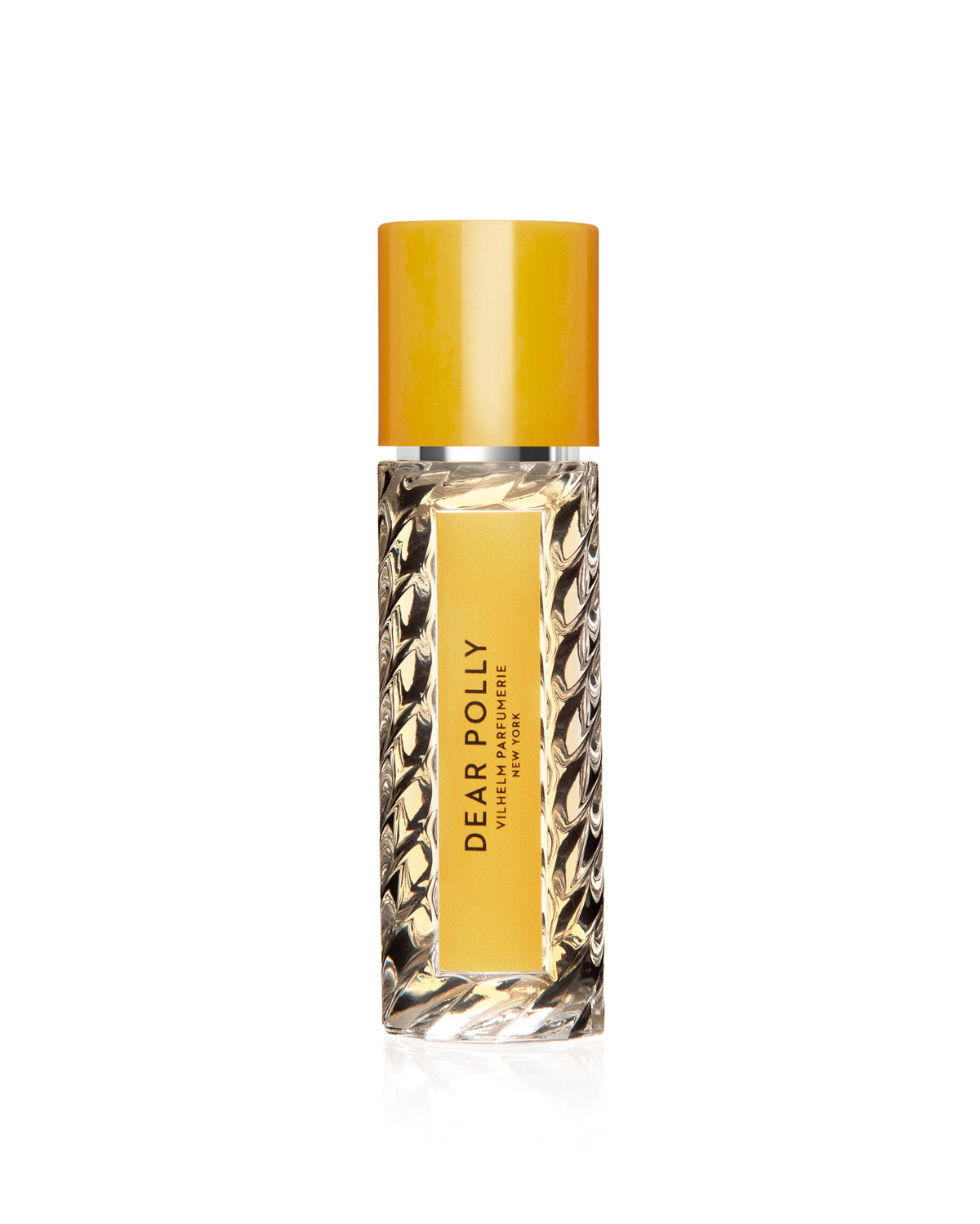 A tall, cylindrical, textured glass bottle of Dear Polly Eau de Parfum with a yellow cap and a yellow label, evoking the spirit of morning tea.