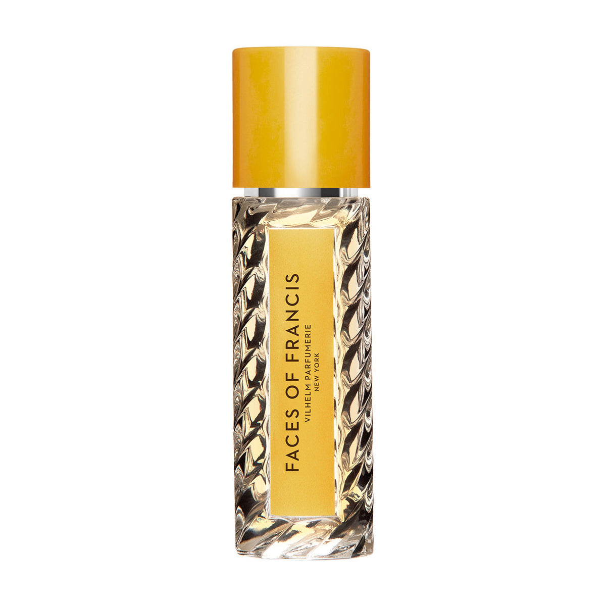 A cylindrical Faces of Francis Eau de Parfum bottle with a yellow cap and a textured glass base, featuring a vertical yellow label for the saffron and oud wood infused scent by Vilhelm Parfumerie.
