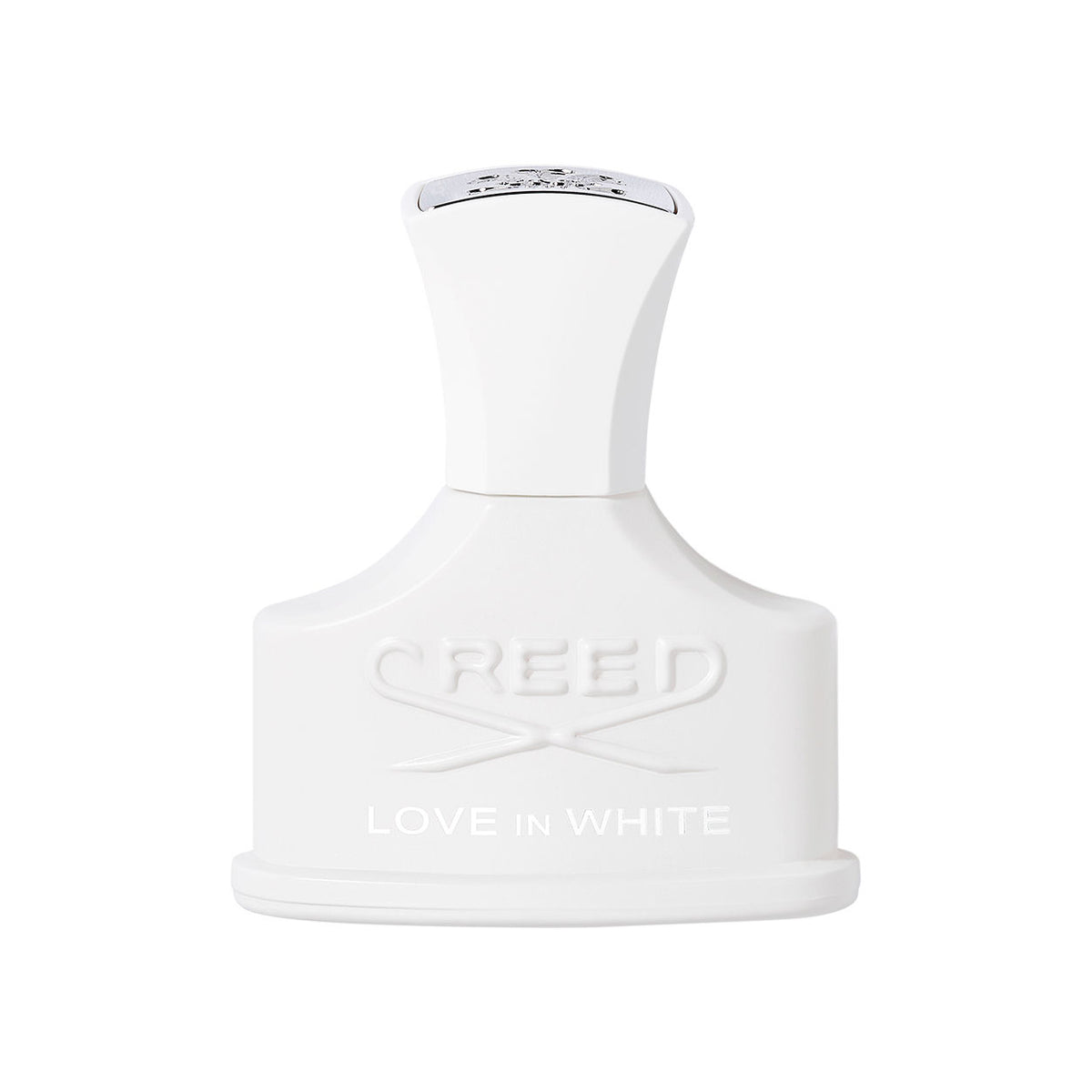 Sophisticated white Love In White Eau de Parfum bottle with a flared cap and embossed lettering on the front.