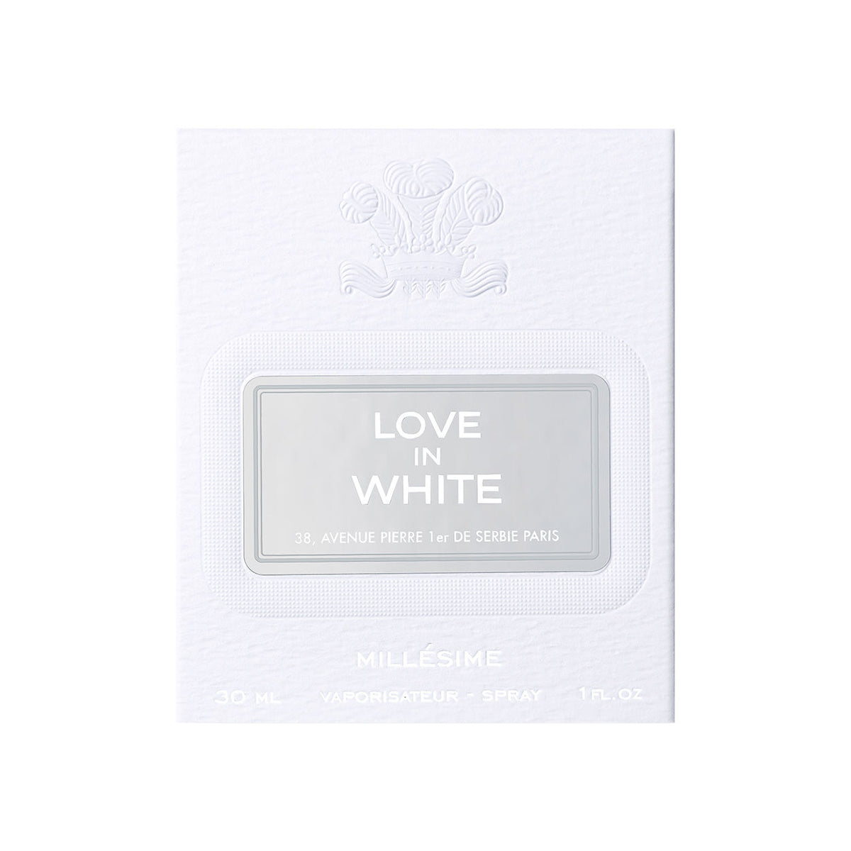 White box for Creed Love In White Eau de Parfum, featuring a centered label with an embossed crest, address details, and Millésime text.