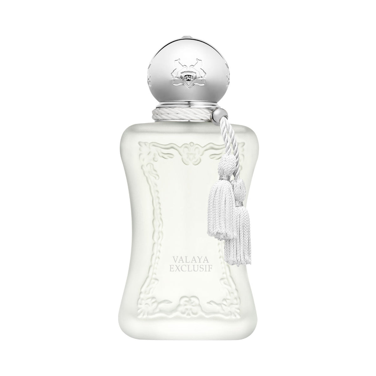 Frosted white Valaya Exclusif Parfum bottle featuring refined luxury packaging with a round silver cap, a decorative cord with two tassels, and embossed text on the front.