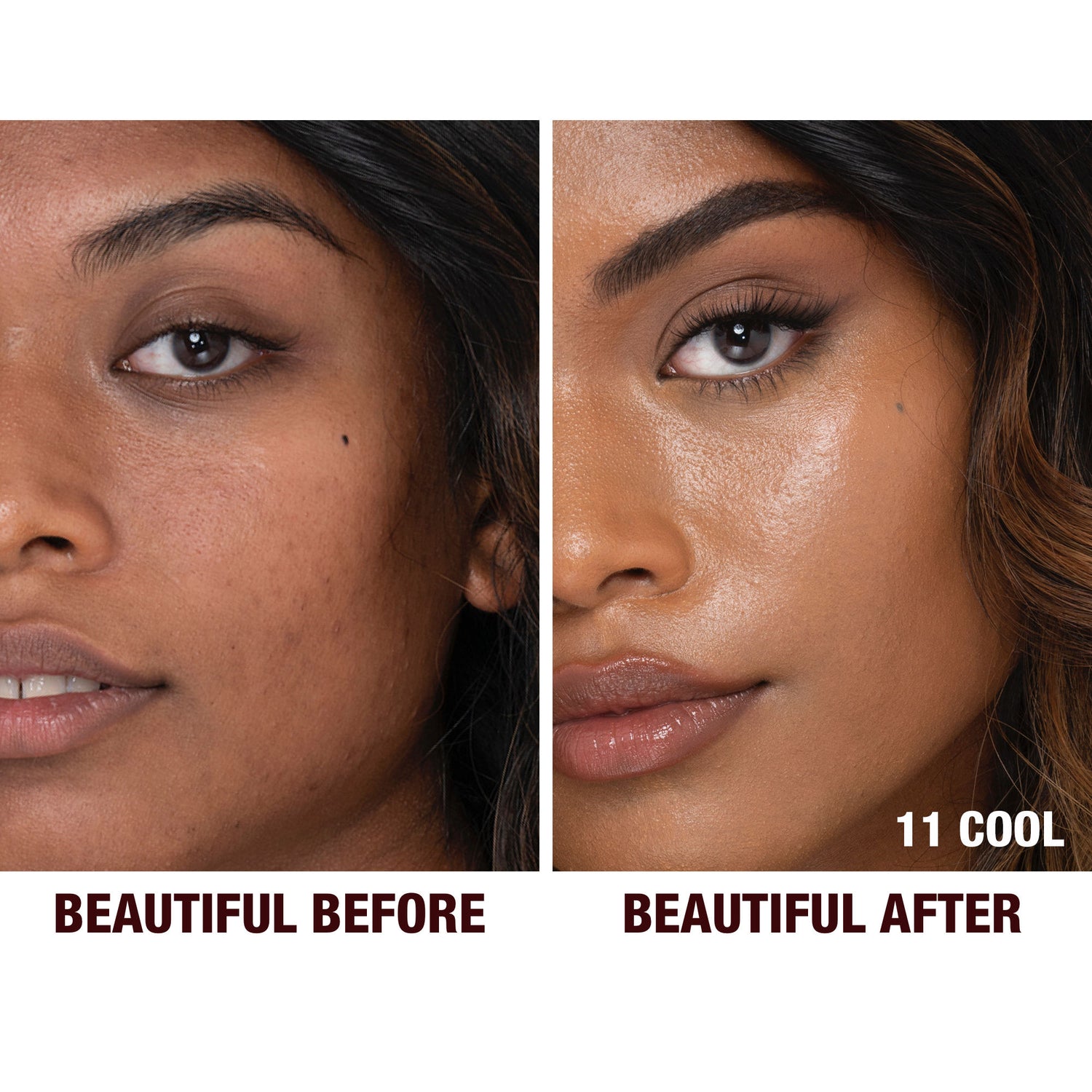 Before and after results of using Charlotte Tilbury Charlotte's Beautiful Skin Foundation variant: 11 Cool (tan with red cool undertones)