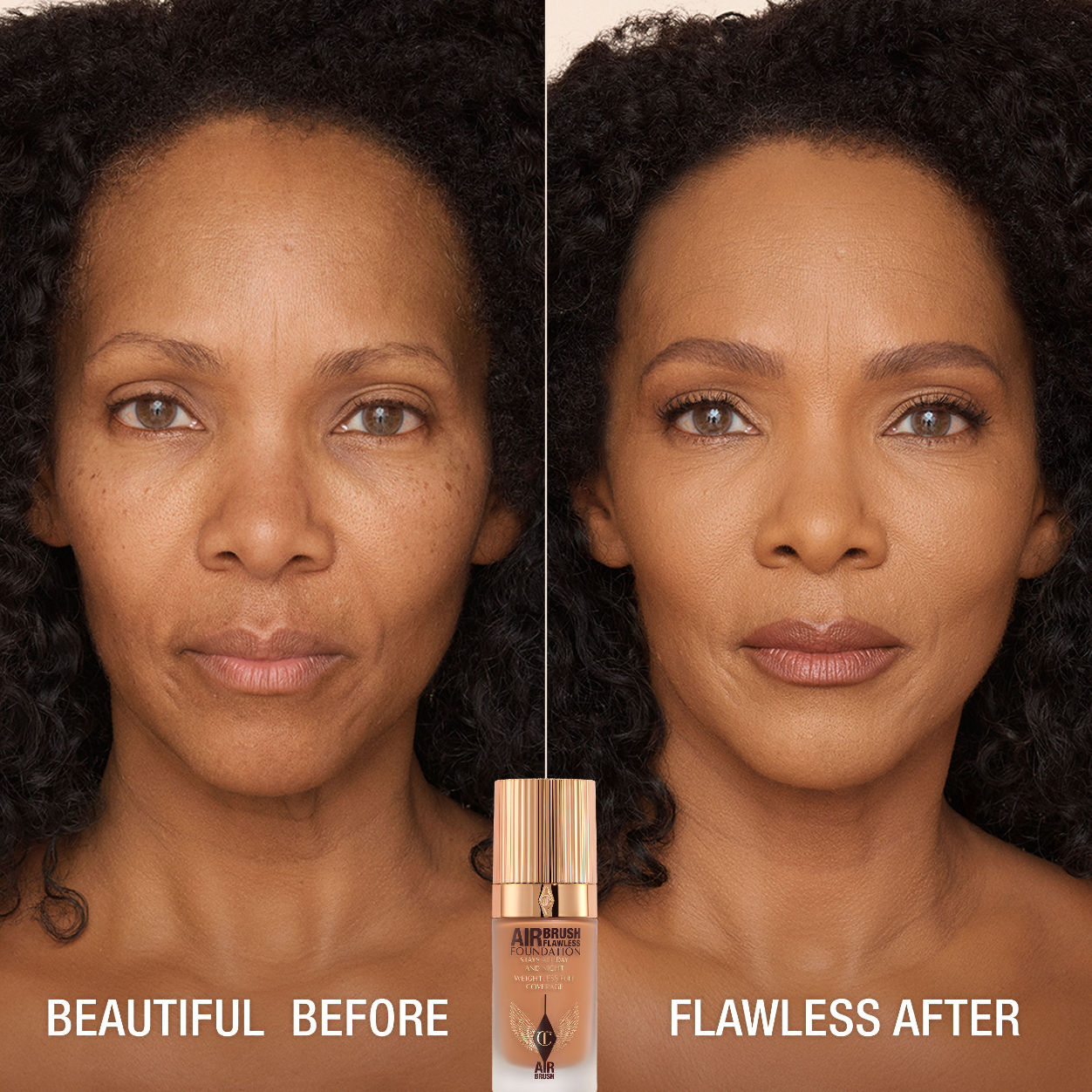 Before and after results of using Charlotte Tilbury Airbrush Flawless Foundation variant: 11 Warm