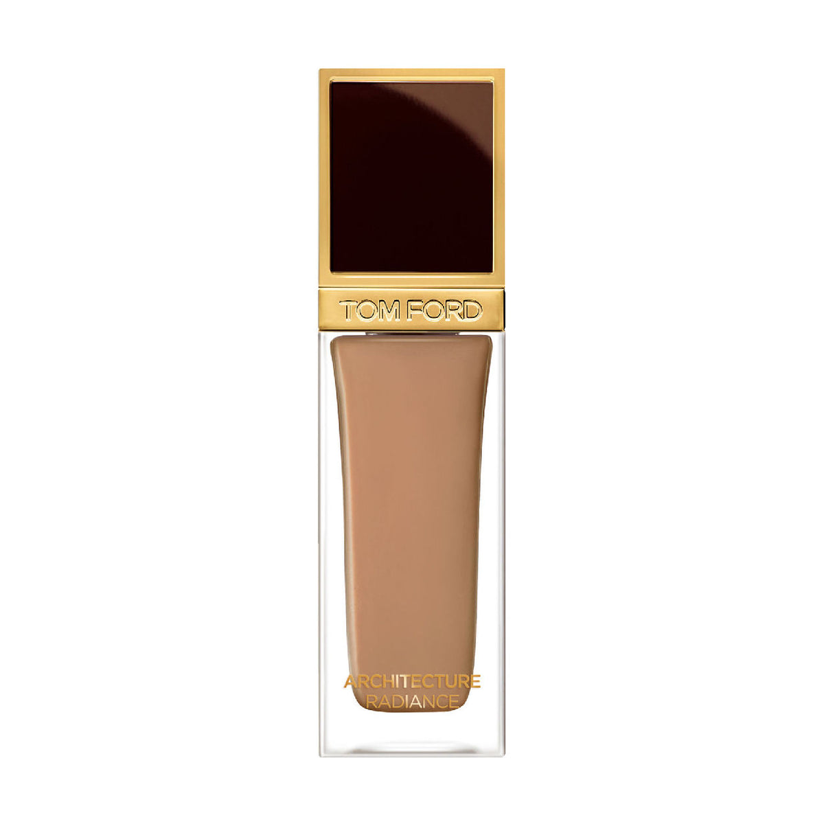 A rectangular, skincare-infused glass bottle of Tom Ford Architecture Radiance Hydrating Foundation Broad Spectrum SPF 50 liquid foundation featuring a gold-trimmed cap.