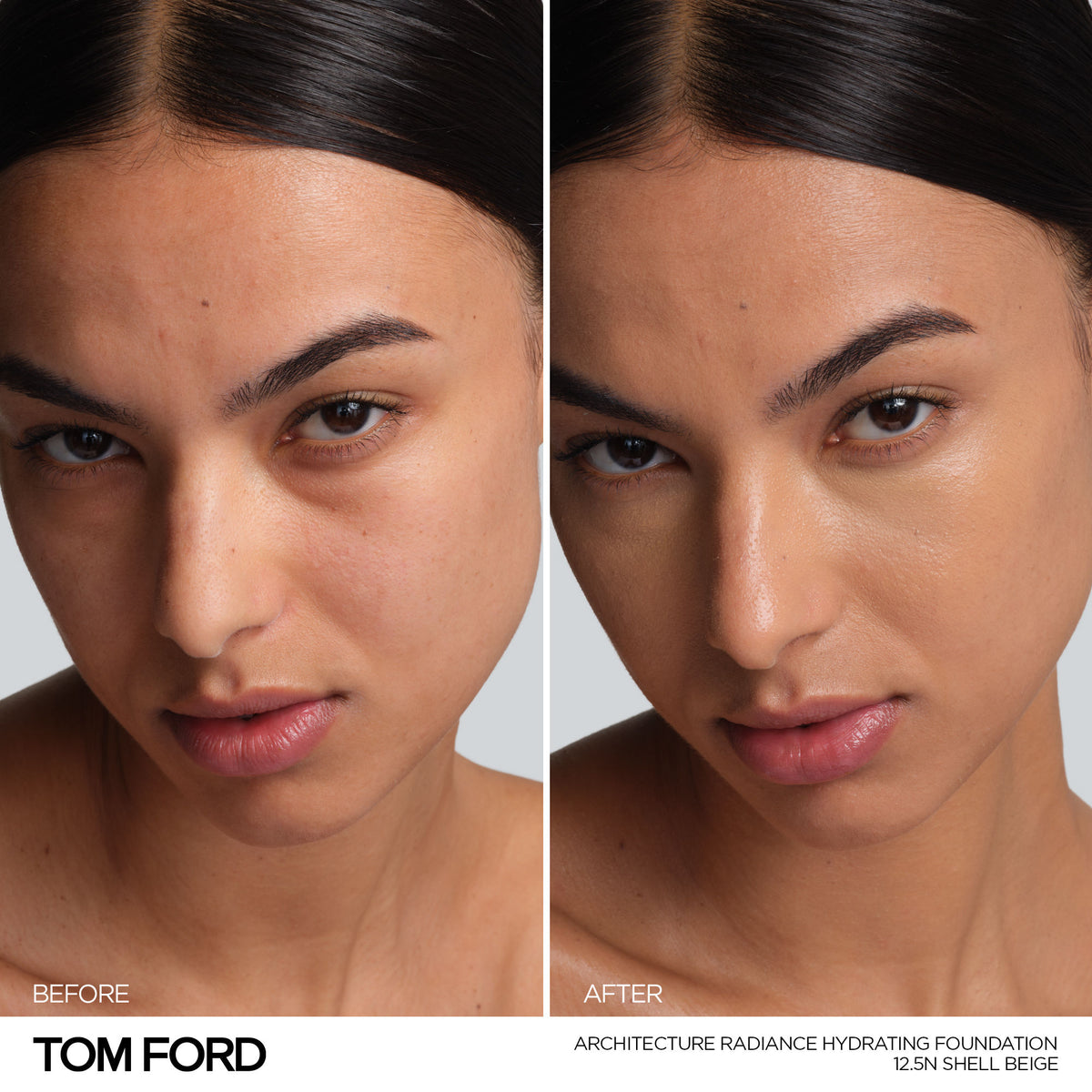 Before and after comparison of a model’s face wearing Tom Ford Architecture Radiance Hydrating Foundation Broad Spectrum SPF 50, showing skin tone evening, increased radiance, and 24-hour wear.